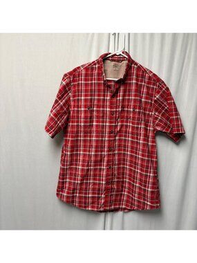 GH Bass & Co Shirt Mens Size Large Short Sleeve Red White Gray Plaid Button-Up